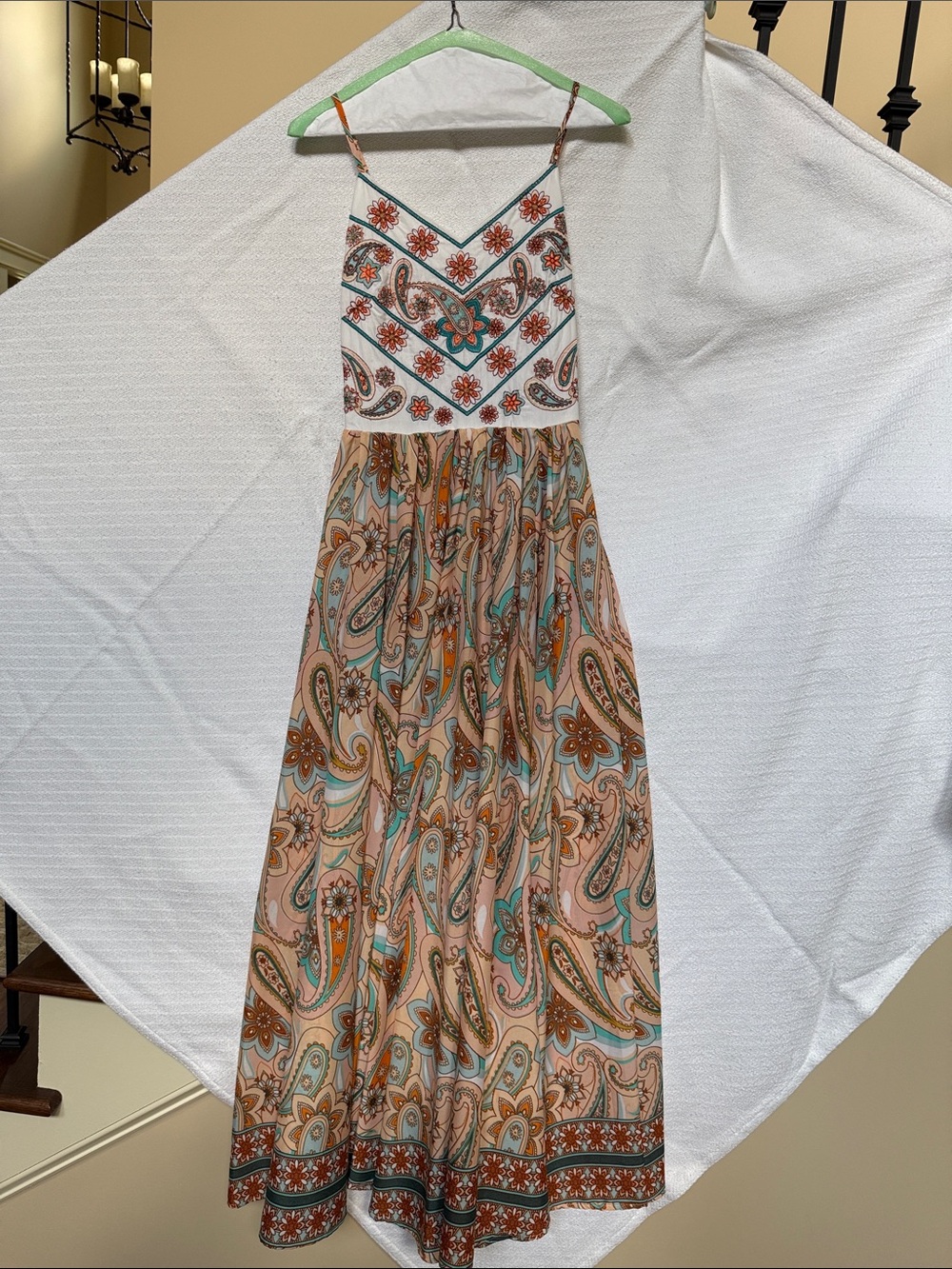 Paisley Spaghetti-Strap Maxi Dress in Teal & Peach